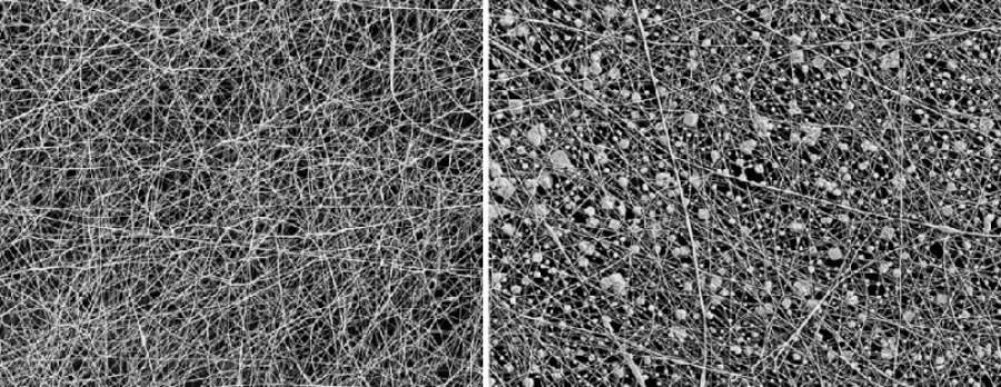 Vista al microscopio de una estructura de nanofibras antes y despues de un ensayo en laboratorio de 76982